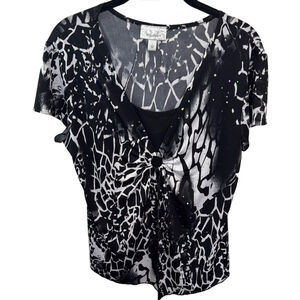 Dress Barn Black White Animal Print Short Sleeve Blouse‎ Layered Bling W Large